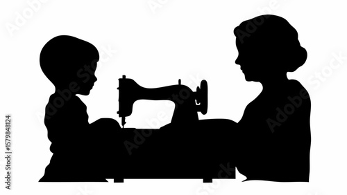 Silhouette of a child and adult with a sewing machine creating a nostalgic and vintage scene style art