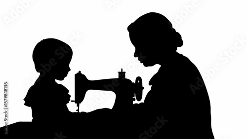 Silhouette of a woman and a child using a sewing machine in a black and white illustration style