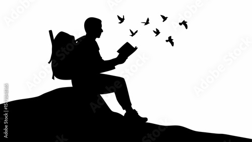 Silhouette of a man with a backpack sitting on a hill reading a book with birds flying around him outdoors