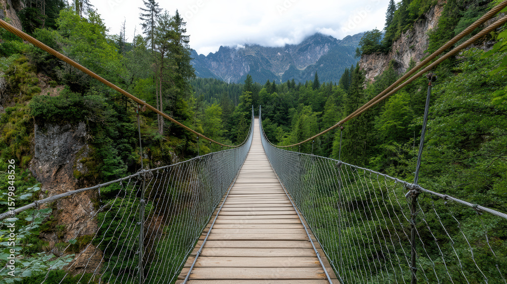 Obraz premium Suspension footbridge over deep gorge surrounded by lush greenery and mountains