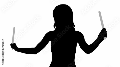 Silhouette of a woman holding two batons in her hands with a white background in a simple illustration