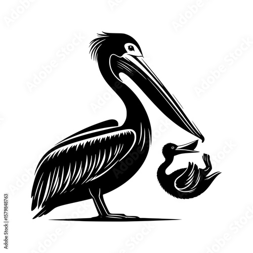 Stylized silhouette of a pelican feeding its young bird
