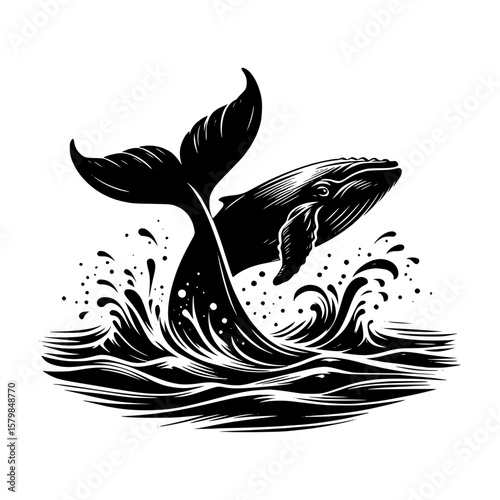 Majestic black and white whale breaching through ocean waves