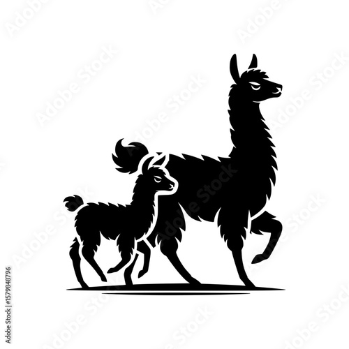 Stylized black silhouette of a llama and its young