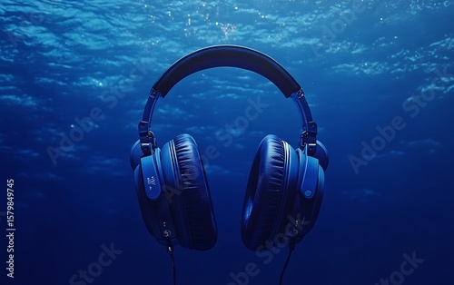 Dark blue headphones mockup floating underwater with ocean backdrop

