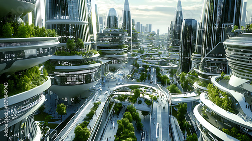 A cityscape with tall buildings and a park in the middle. The buildings are mostly white and the park is green