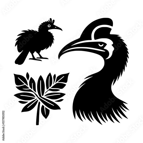 Silhouettes of a kiwi bird cassowary head and native new zealand leaves