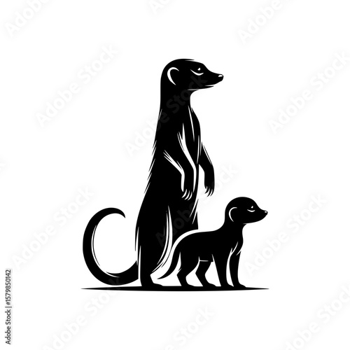 Silhouette of a meerkat standing guard beside a young meerkat