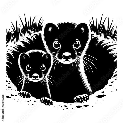 Two adorable black weasels peeking out of their cozy burrow