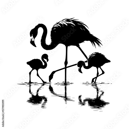 Silhouette of a flamingo family foraging in shallow water with reflections