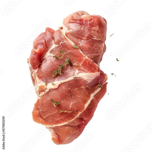 A piece of raw pork meat with thyme and pepper on top, against a transparent background.