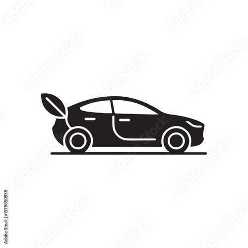 Black electric car with leaf icon and solid line on a white background