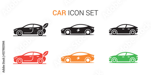 Electric car icon set with leaf, lightning bolt and solid shapes on white background