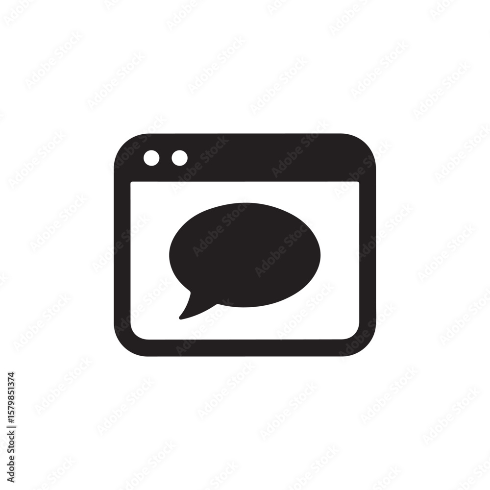 Fototapeta premium Black web browser window icon displaying speech bubble on a white background symbol