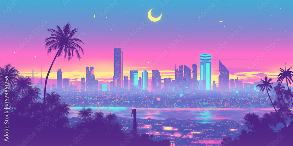 Fototapeta premium 空に描かれた流線とビルが響き合うレトロな都市夜景|シティポップ・手描きアート・昭和カラー・青と黄色の世界・幻想的な風景