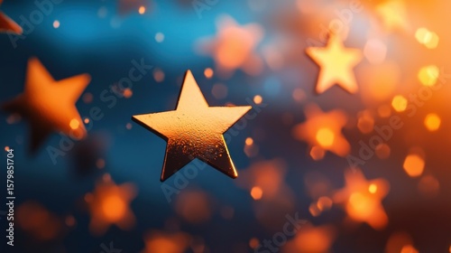 Golden stars against a blue and orange background with a bokeh effect.