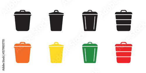 Colorful set of eight trash can icons with lids on white background