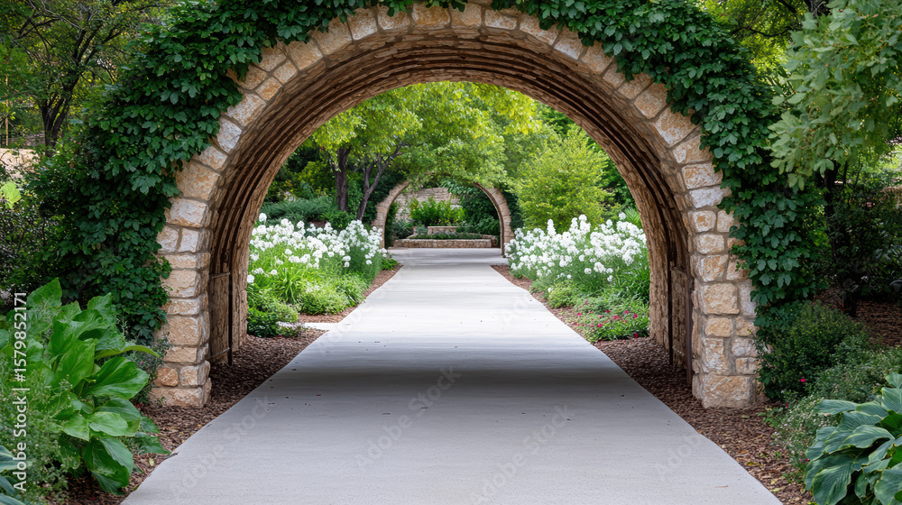 Obraz premium Lush stone archways frame serene garden pathway, inviting exploration and tranquility
