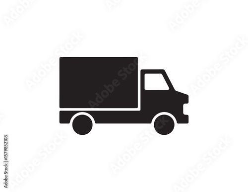 Black delivery truck icon on white background, transportation and shipping concept illustration