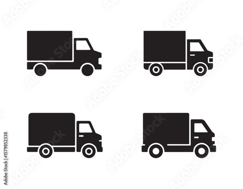 Four black delivery truck icons in varying styles on a white background