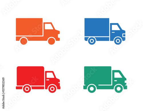 Four colorful delivery truck icons orange, blue, red, and green on white background