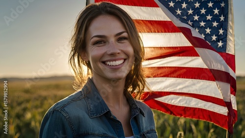 Joyful Woman in Sunlit Field with American Flag: Patriotic Summer Freedom Concept