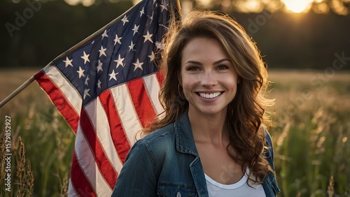 Joyful Woman in Sunlit Field with American Flag: Patriotic Summer Freedom Concept