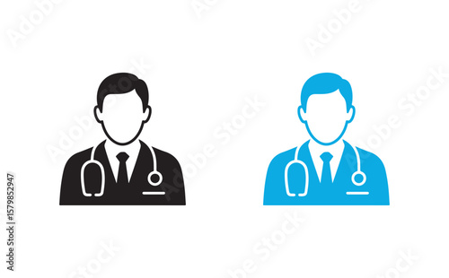 Two icons of a doctor wearing a lab coat with stethoscope on white