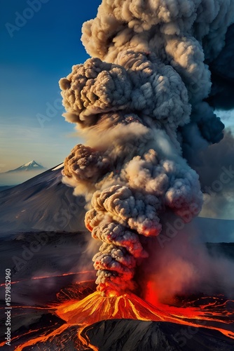 Powerful Volcano Eruption at Night: Lava Explosion with Lightning and Ash Plume