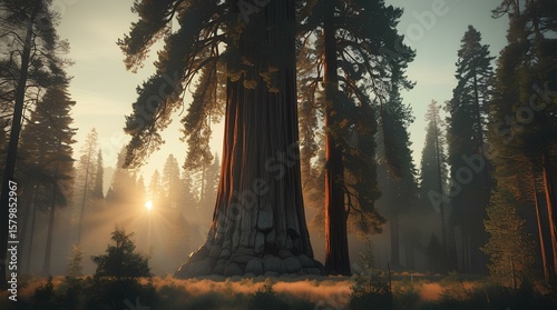 Majestic Sycamore Tree in Field at Sunrise, Inspirational Environmental Landscape