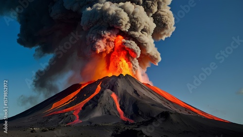 Powerful Volcano Eruption at Night: Lava Explosion with Lightning and Ash Plume