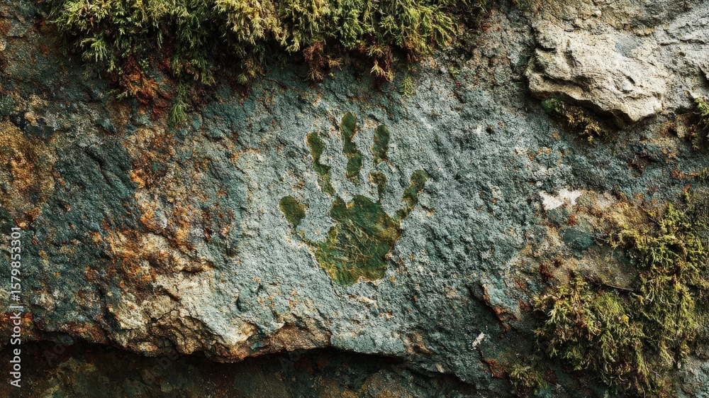Obraz premium Close-up of a weathered stone with a faded green handprint, moss and lichen details