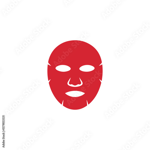 Red sheet mask for face with cutouts on white background, beauty treatment