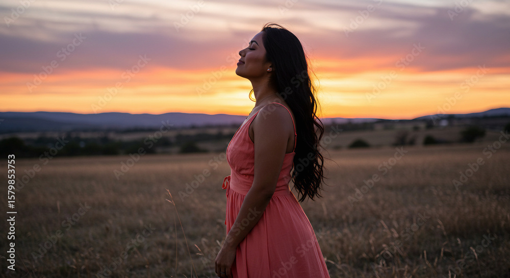 Obraz premium A beautiful woman in a flowing dress smiles with joy amidst a green summer meadow under the sky