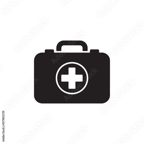 Black and white illustration of a first aid kit with white background