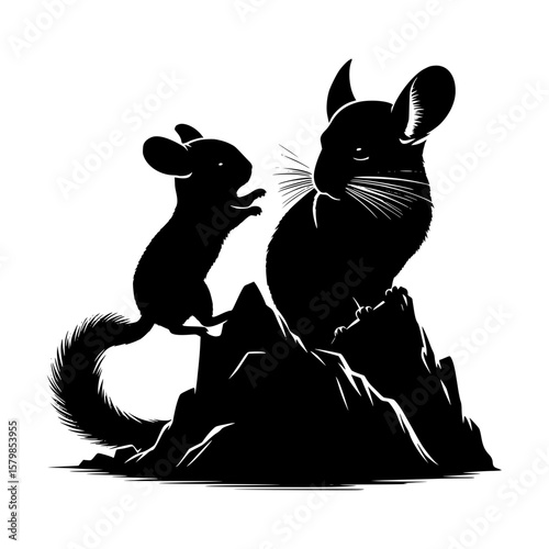 Two chinchillas silhouetted on jagged rocks against a white background
