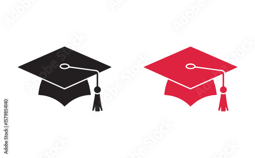Two graduation caps, one in black and the other in red, on white background