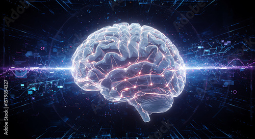 Illuminated brain model with connected nodes and digital background in dark blue and purple tones ai generated 