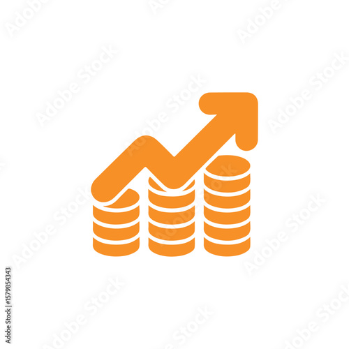 Orange diagram with increasing piles of coins and arrow trending upwards on white background