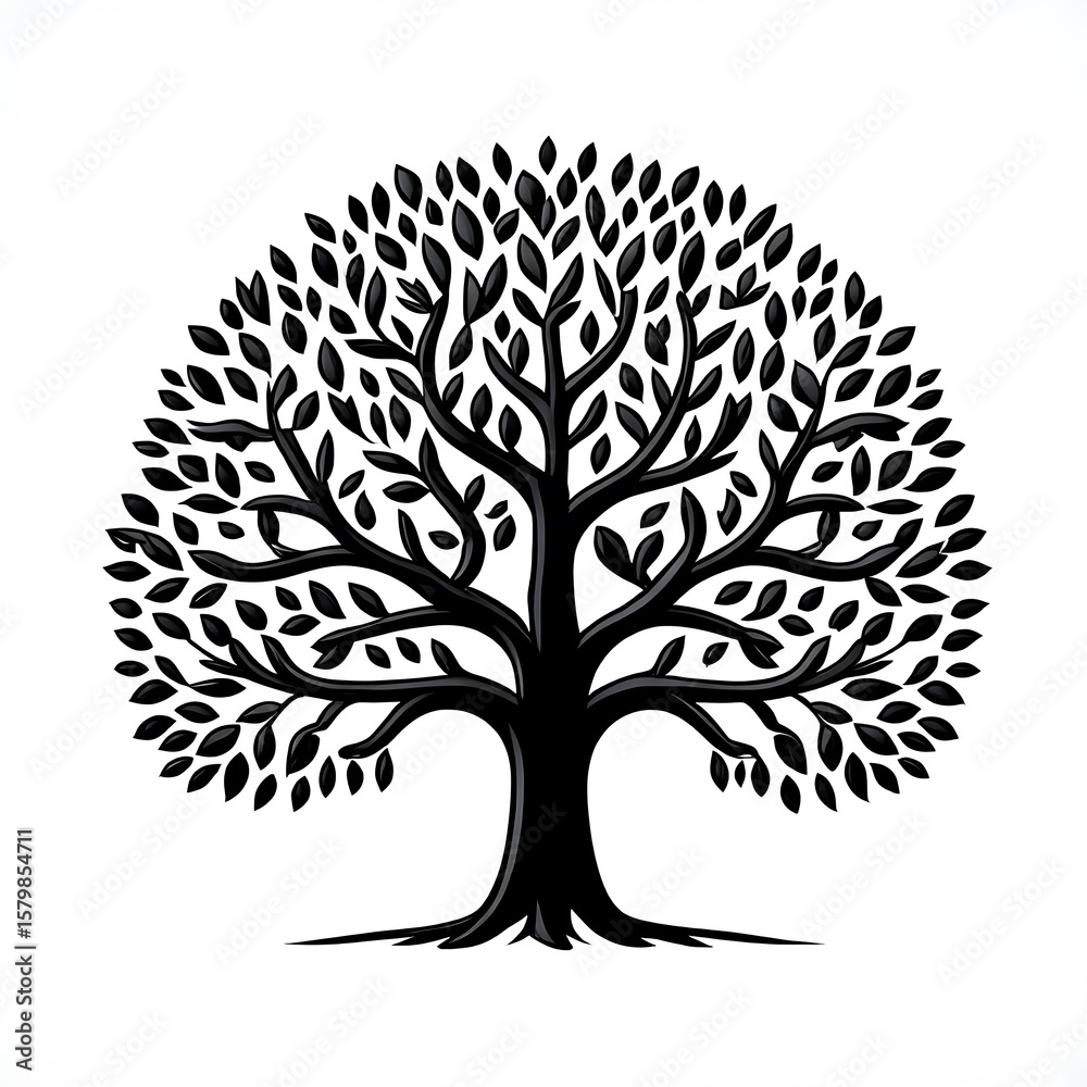 Obraz premium Black stylized tree with dense foliage and spreading branches image
