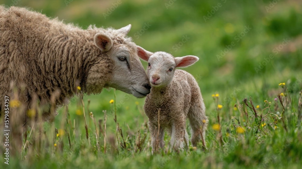 Fototapeta premium Mother sheep and lamb bonding in green pasture nature photography springtime environment close-up view