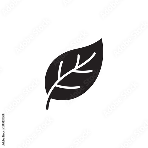 Single black leaf silhouette with stem and visible veins on white background