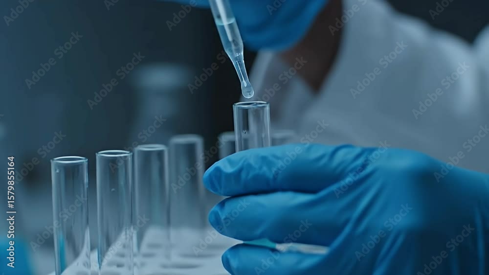 A close-up shot reveals a scientist meticulously pipetting a clear liquid into a test tube during a laboratory experiment. A close-up shot reveals a scientist meticulously pipetting a clear liquid into a test tube during a laboratory experiment.