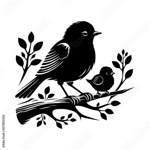 Two silhouette birds parent and child perched on a branch