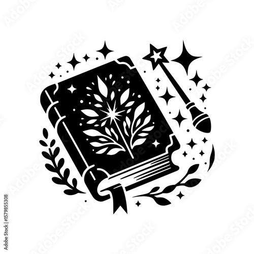 Enchanting spell book with magic wand and twinkling stars