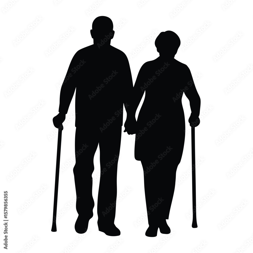 Elderly Couple Silhouette Walking Hand in Hand Using Canes for Support Illustration Elderly Couple Silhouette Walking Hand in Hand Using Canes for Support Illustration