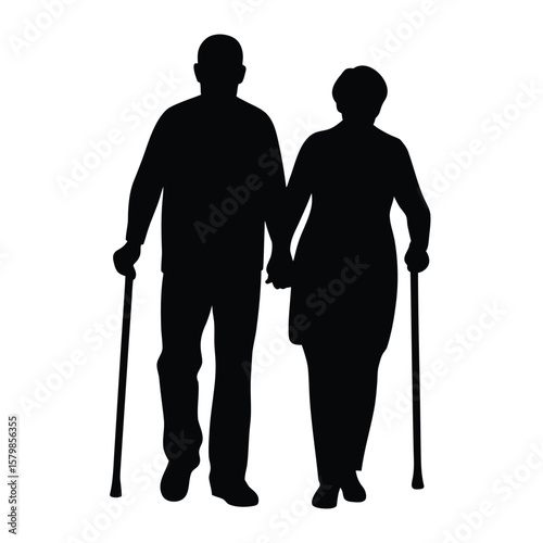 Elderly Couple Silhouette Walking Hand in Hand Using Canes for Support Illustration