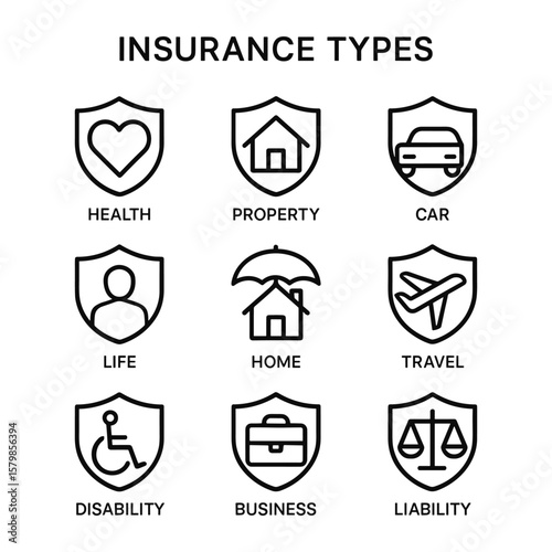 Insurance coverage vector icons set. Outline symbols. Line design