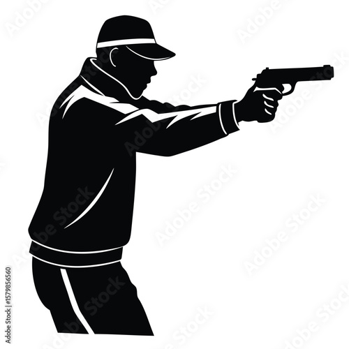 Black Silhouette Man with Gun Isolated on White Background Illustration