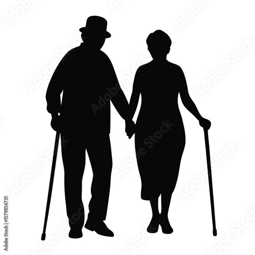 Silhouette of Elderly Couple Walking Hand in Hand with Canes Black Shape